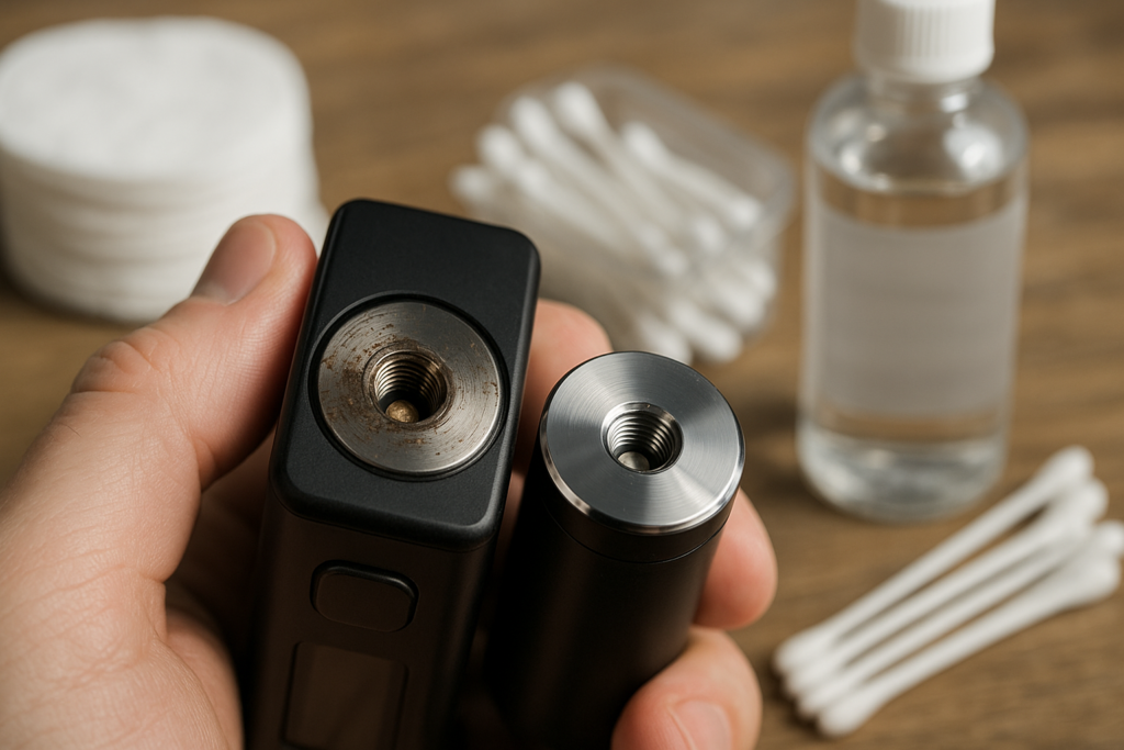 Czyszczenie gwintu 510 w e-papierosie przy użyciu patyczka i alkoholu izopropanolowego